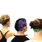 Three women with mosaic hair styles